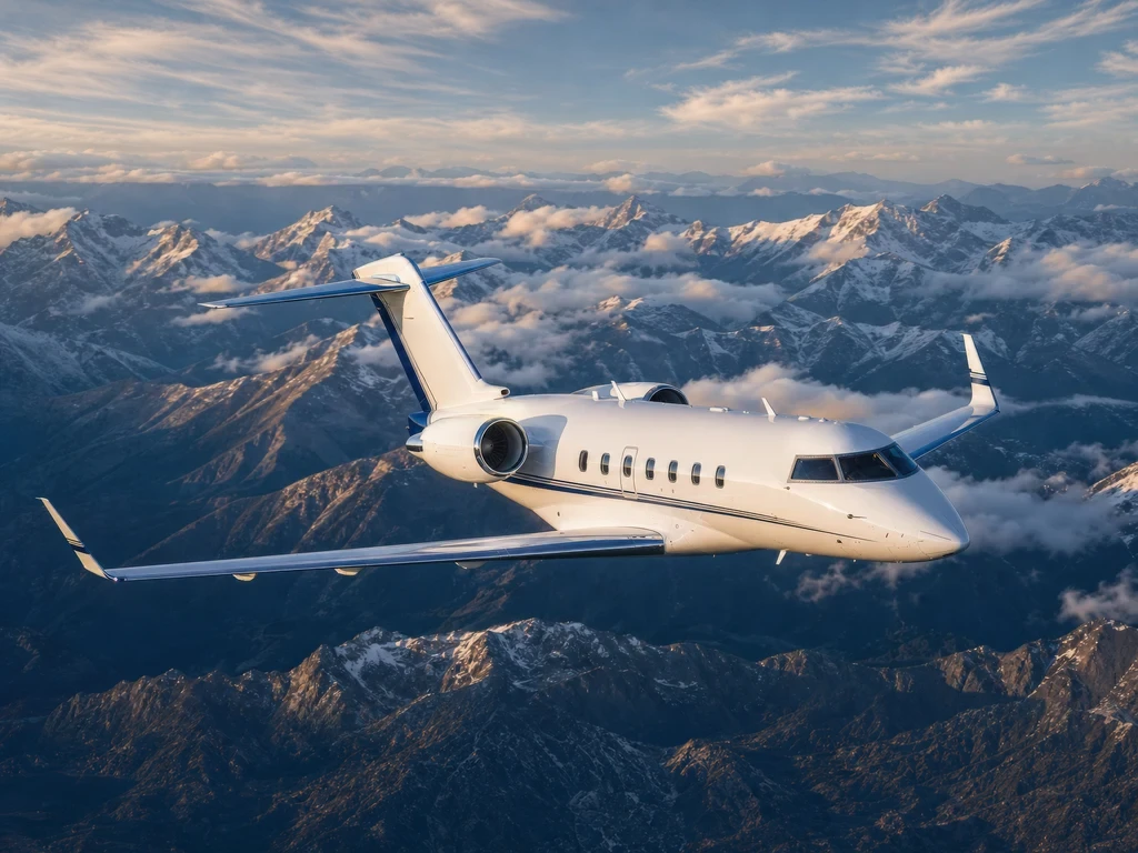 Challenger 350 flying above snow-covered mountains