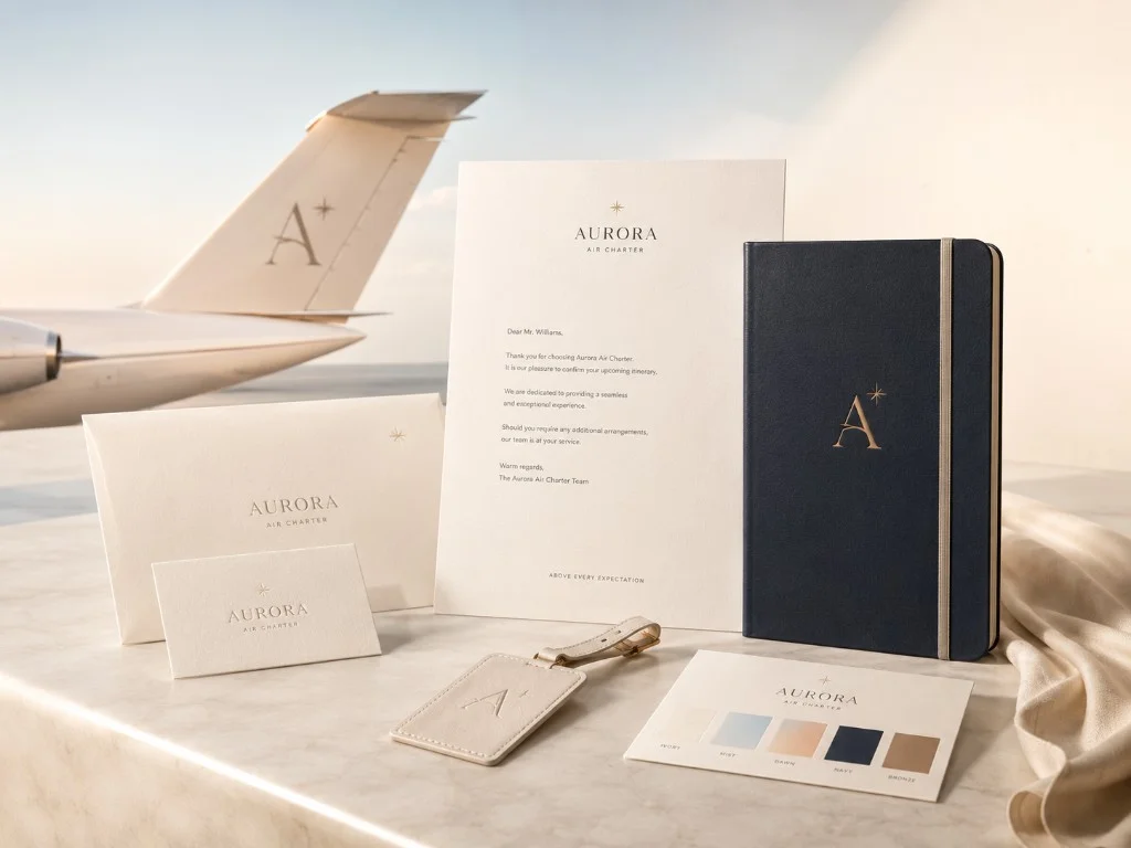 Luxury aviation brand identity mockup with letterhead, notebook, luggage tag, and logo on a private jet tail
