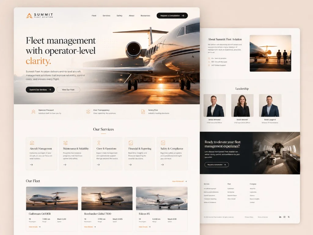Private aviation website with fleet pages, aircraft information, and an inquiry path