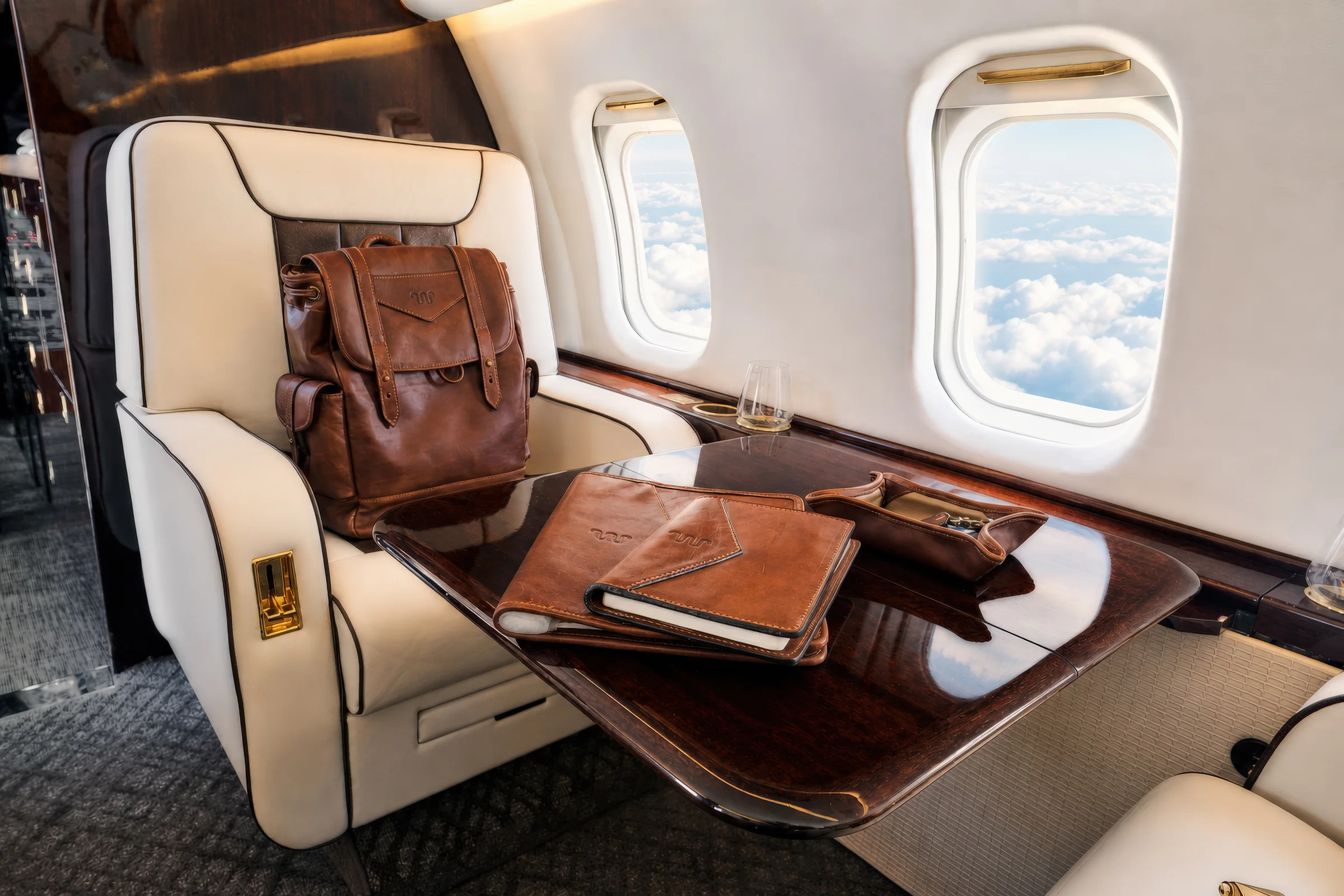 Challenger 350 cabin work table with leather accessories