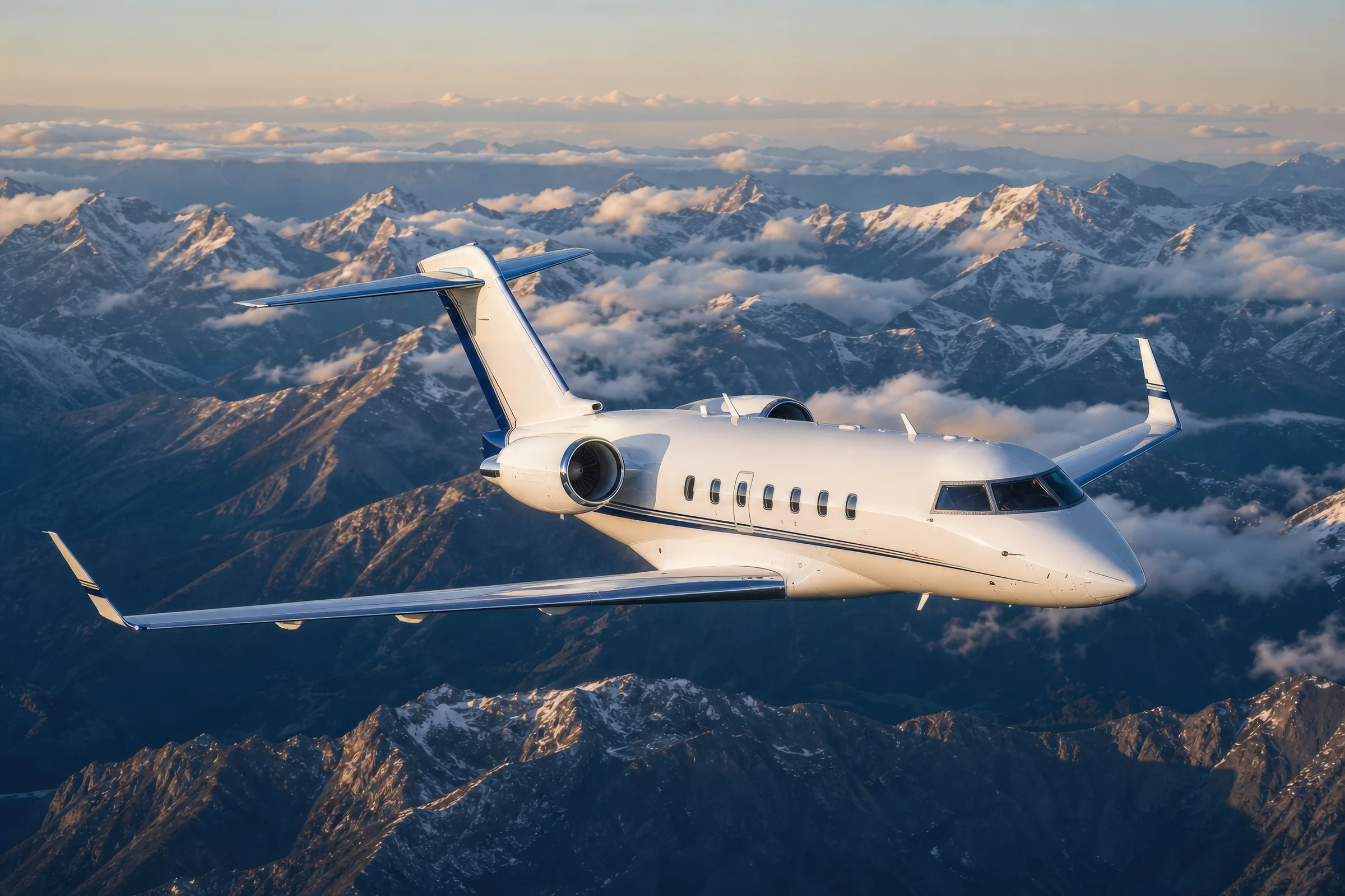 Challenger 350 in flight above mountain peaks