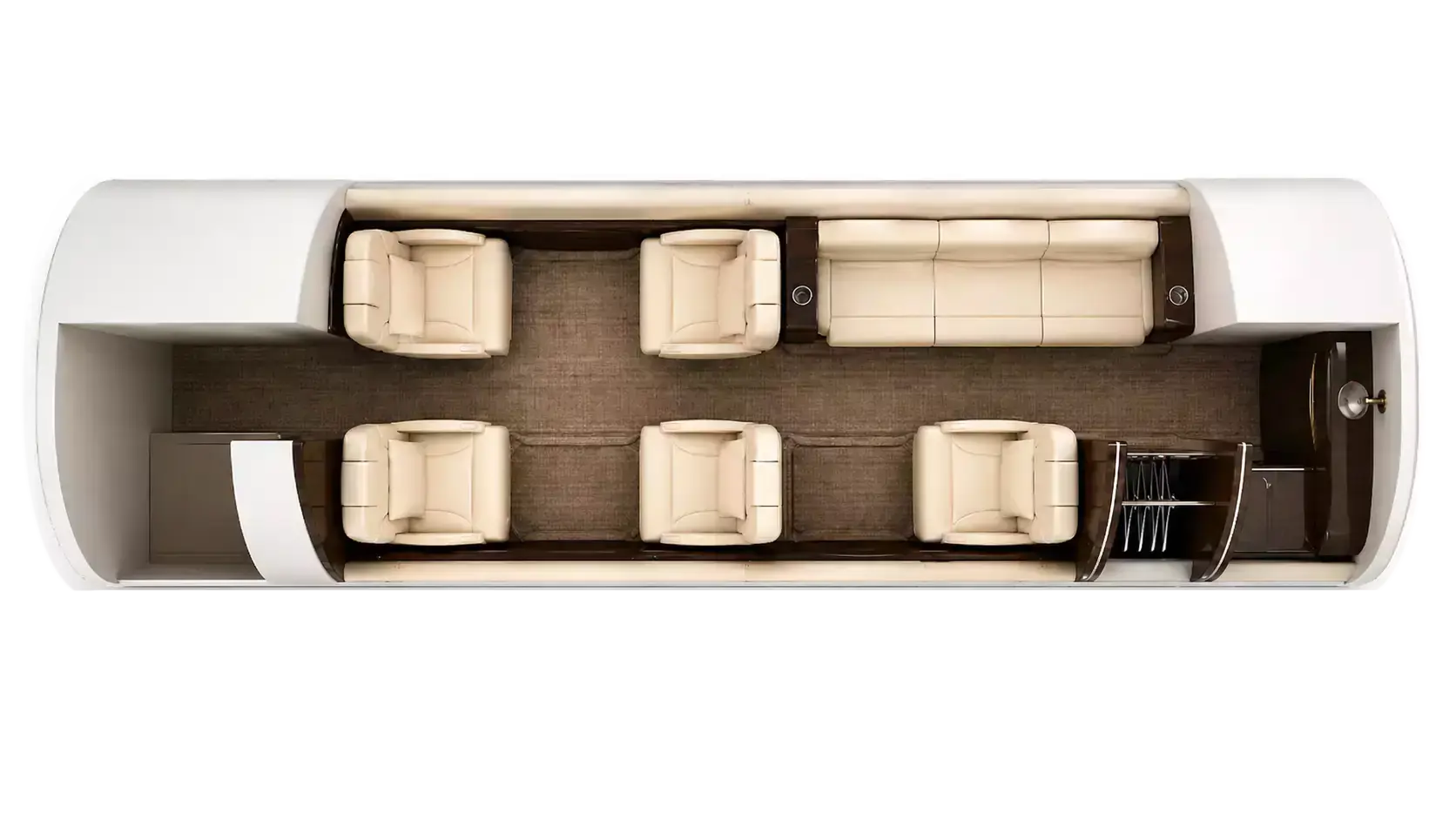 Hawker 800XP overhead cabin layout showing seating, divan, galley, lavatory, and aisle