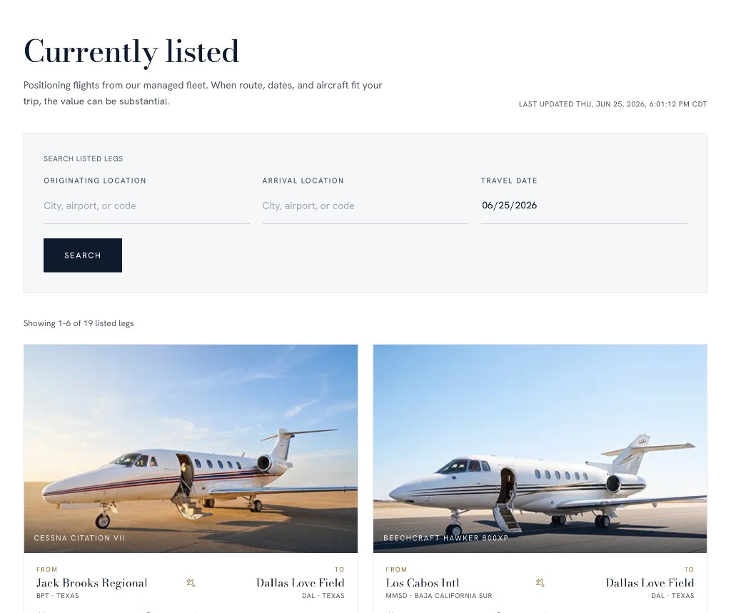 Trinity Jet searchable empty legs listing page