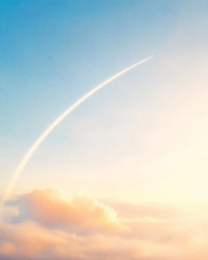 Aircraft contrail arcing through a golden sunrise sky